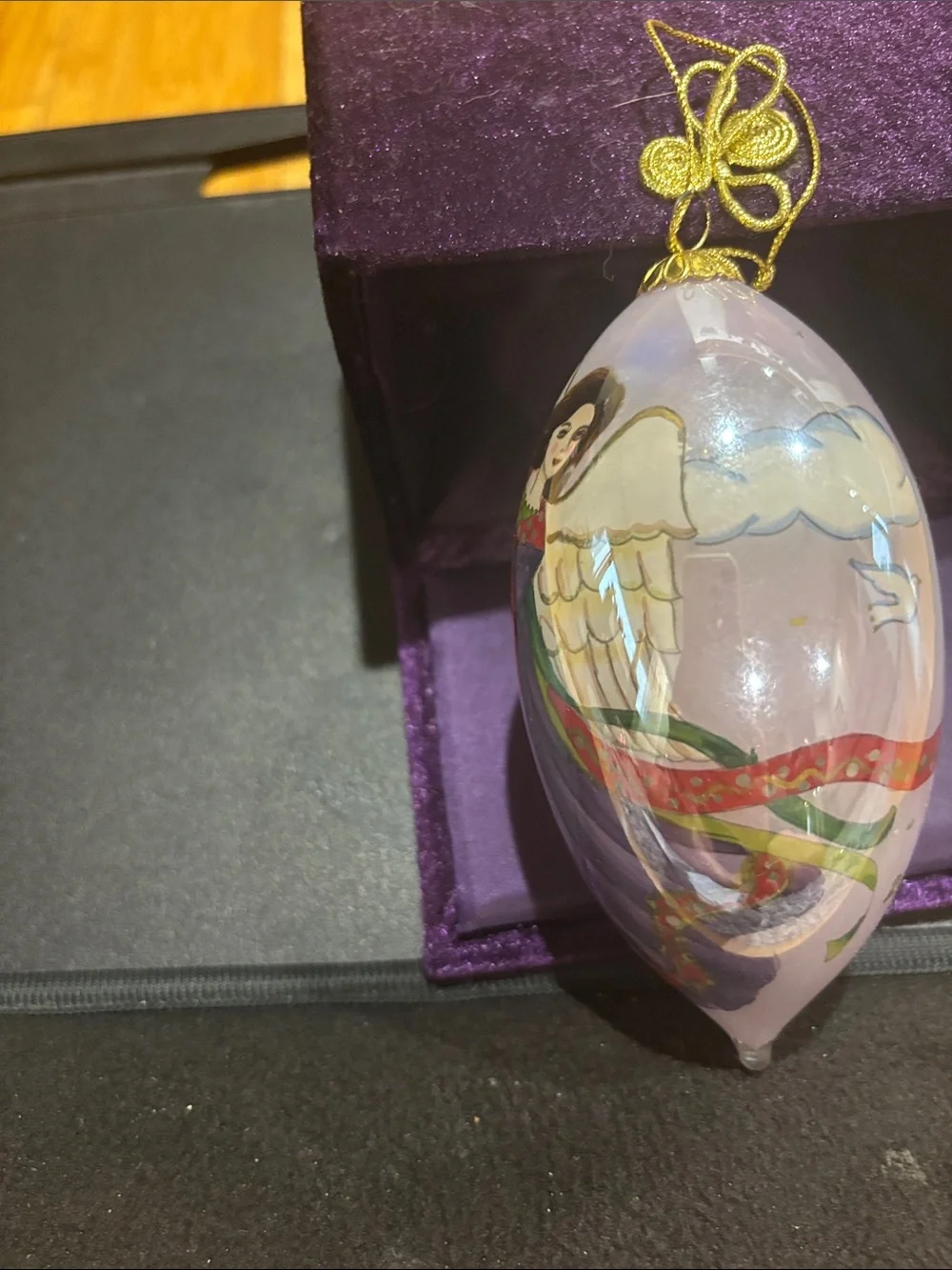 Pier 1 Purple and Gold Reverse Hand-Painted Angel with Harp Ornament